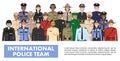 International police people concept. Detailed illustration of SWAT officer, policeman, policewoman and sheriff in flat style on wh