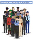 International police people concept. Detailed illustration of SWAT officer, policeman, policewoman and sheriff in flat Royalty Free Stock Photo