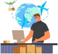 Man controls delivery of goods to destination. Worldwide shipping, transportaton around world