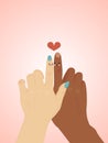 International race love, hand point finger heart sign flat vector illustration. Multinational infatuation couple lovely Royalty Free Stock Photo