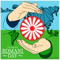 International Romani Day banner flag and wheel inscribed in the inscription holding hands icon flat in modern colour design