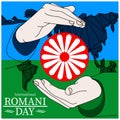 International Romani Day banner flag and wheel inscribed in the inscription holding hands icon flat in modern colour design