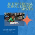 International school library month text and african american girl reading book and lying in library