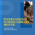 International school library month text and biracial mother assisting daughter in reading book