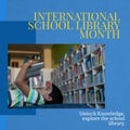 International school library month text and caucasian boy reading book and lying in library