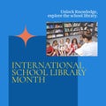 International school library month text and diverse teacher reading book for children in library