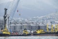 The international sea port of Novorossiysk. Port cranes and industrial objects. Marine Station.