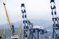 The international sea port of Novorossiysk. Port cranes and industrial objects. Marine Station.