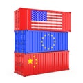 International Shipping Concept. Cargo Shipping Containers with USA, Euro and China Flag. 3d Rendering Royalty Free Stock Photo