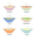 International Soup Day April 5th. Chicken, vegetarian, pea, mashed soup. A set of soups. Infographics. Vector