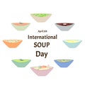 International Soup Day April 5th. Chicken, vegetarian, pea, mashed soup. A set of soups. Infographics. Vector
