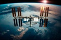 The Earth orbiting International Space Station. Using a space station for scientific space exploration.