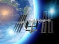 The International Space Station ISS is a space station, or a habitable artificial satellite, in low Earth orbit. Satellite view Royalty Free Stock Photo