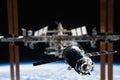 International Space Station in orbit. Docking of the Russian spacecraft. Elements of this image furnished by NASA