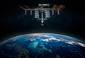 The International Space Station orbiting planet Earth. Elements of this image furnished by NASA. Scientific space exploration Royalty Free Stock Photo