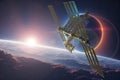 International Space Station In The Rays Of Red Sun. 3D Illustration. Elements of this image furnished by NASA. ai Royalty Free Stock Photo
