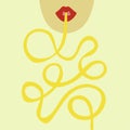International spaghetti day in the United States. Spaghetti. Pasta. Silhouette of a girl`s face with red lips eating