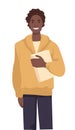 International student with book, African American guy in casual clothes