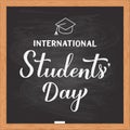International Students Day calligraphy hand lettering on chalkboard. Holiday celebrate on November 17. Vector template for