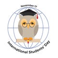 International students ` day. Owl in a graduation cap and a scro Royalty Free Stock Photo