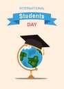International Students Day vector banner. Vector flat globe and square academic cap. Academic and school knowledge symbol students