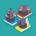 International students. Vector isometric education online. People with devices and books vector illustration