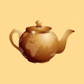 International Tea Day. Agricultural holiday concept. Copper retro teapot. Continents silhouettes. Royalty Free Stock Photo