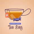 International Tea Day Vector card. Teacup with tea bug and candy on beige background. Trendy line illustration. December 15