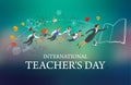 International Teachers Day. The teacher flies into the book and drags the children with him. School attributes around