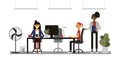 International team of coworkers working in office, caucasian man, black woman and asian girl