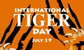 International Tiger Day on July 29. Two huge striped tiger paws scratch the orange background. Suitable for printing on