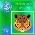 International Tiger Day. July 29. Wild mammal is an animal. Cartoon style. Series calendar. Holidays Around the World. Event of ea