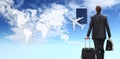 International travel business man concept walking with trolley and briefcase, airplane,and passport in blu sky with map background Royalty Free Stock Photo