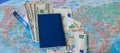 International travel concep: Passport, tickets, money on the map Royalty Free Stock Photo