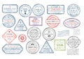 International travel visa stamps set, arrival and departure passport frayed rubber stamp Royalty Free Stock Photo