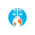 International tribunal and Supreme court logo concept. Scales on globe icon design.