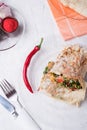 International vegetarian  shawarma sandwich roll with chili and spices. served at white table. arabian and caucaisian cuisine. Royalty Free Stock Photo