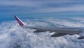 International vienna Airport, Vienna, Austria - September 14 2019: Clouds and a wing of Wizzair airbus from the airplane window.