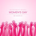 International women day with abstract pink Hands up woman wear wristband sign vector design