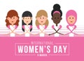 International Women day banner with Women cute charactor of various ethnic groups in the world join hands vector design