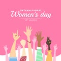 International women day banner with cute Hands up woman on pink background vector design Royalty Free Stock Photo