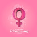 International women day banner with pink paper female sign on soft white flora texture and pink background vector design