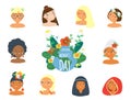 International women day card with females of different nationalities, ethnicity. Global Girls faces avatars for 8 march