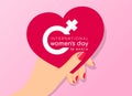 International women day concept with hand`s woman hold pink heart banner vector design