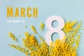 International Women Day on 8 March celebration with fresh spring mimosa flowers and number eight Royalty Free Stock Photo