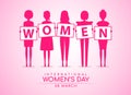 International women day with pink womans hold on banner WOMEN text soft pink background vector design