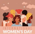 International women day. Young ladies different nationalities, female greeting card, variety hairstyles heads