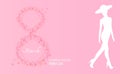 International women`s day background with paper cut pink text 8 with small hearts and a confident girl.