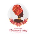 International women`s day banner with african woman lady and red pink flora vector design Royalty Free Stock Photo