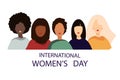 International Women\'s Day banner.Women of different nationalities stand together.